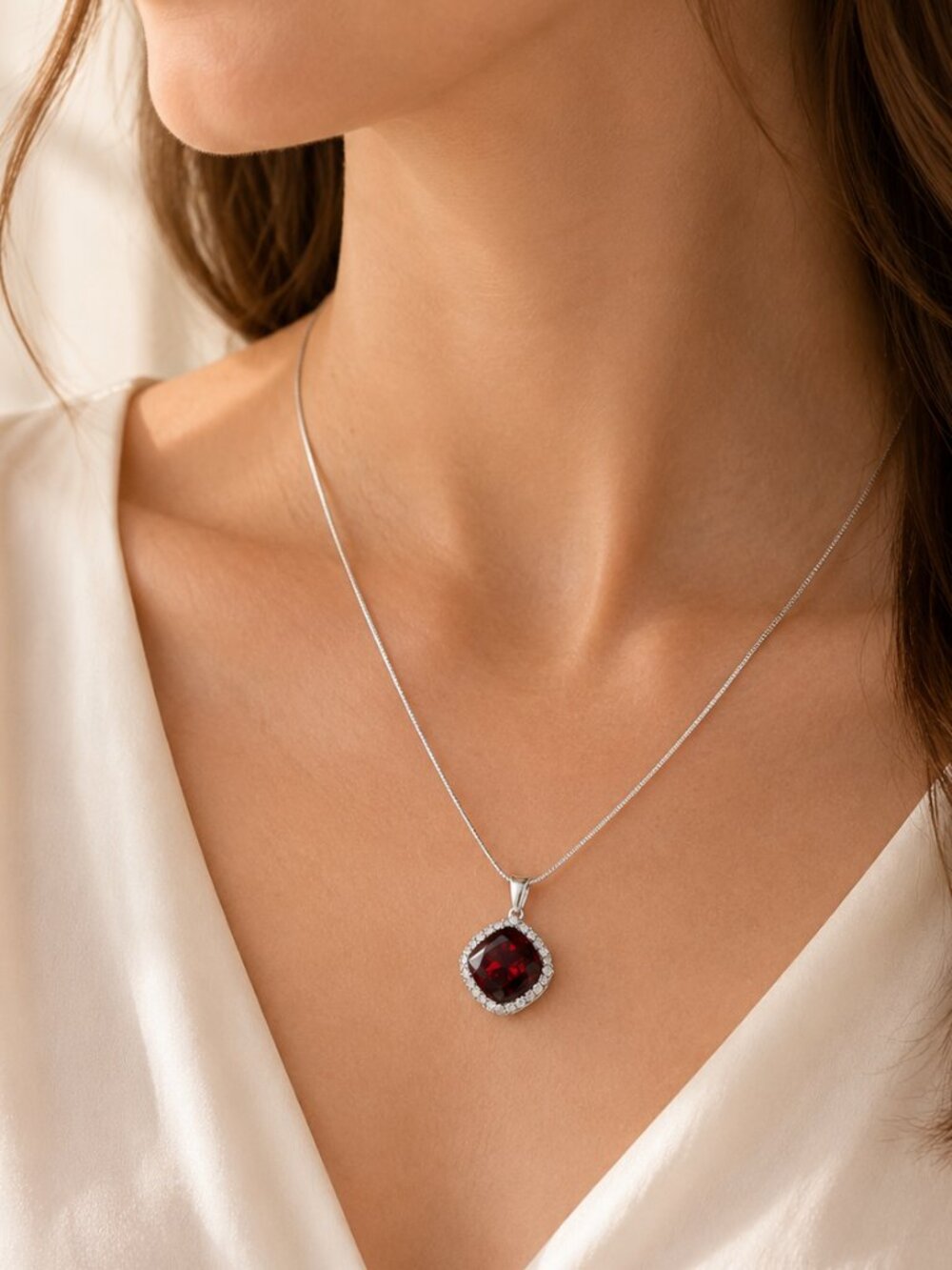 925 Sterling Silver Garnet Halo Pendant Necklace January Birthstone 20"